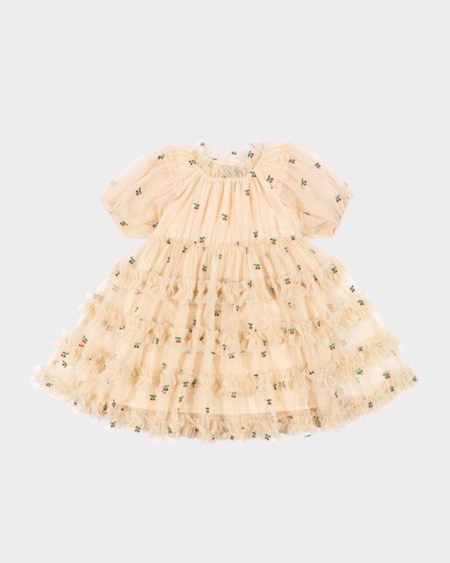 Girl's Micro-Cherry Print Ruffle Dress, Size 18M